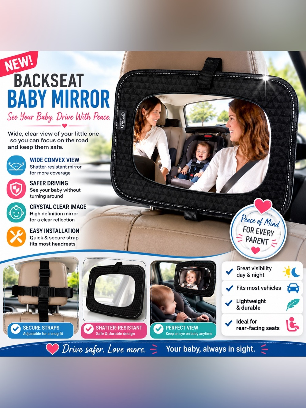 GRACO Backseat Baby Mirror - Black Travel Car Mirror